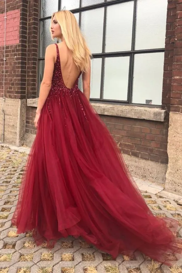 A-Line V-Neck Backless Sweep Train Burgundy Prom Dress with Beading Split LRA017
