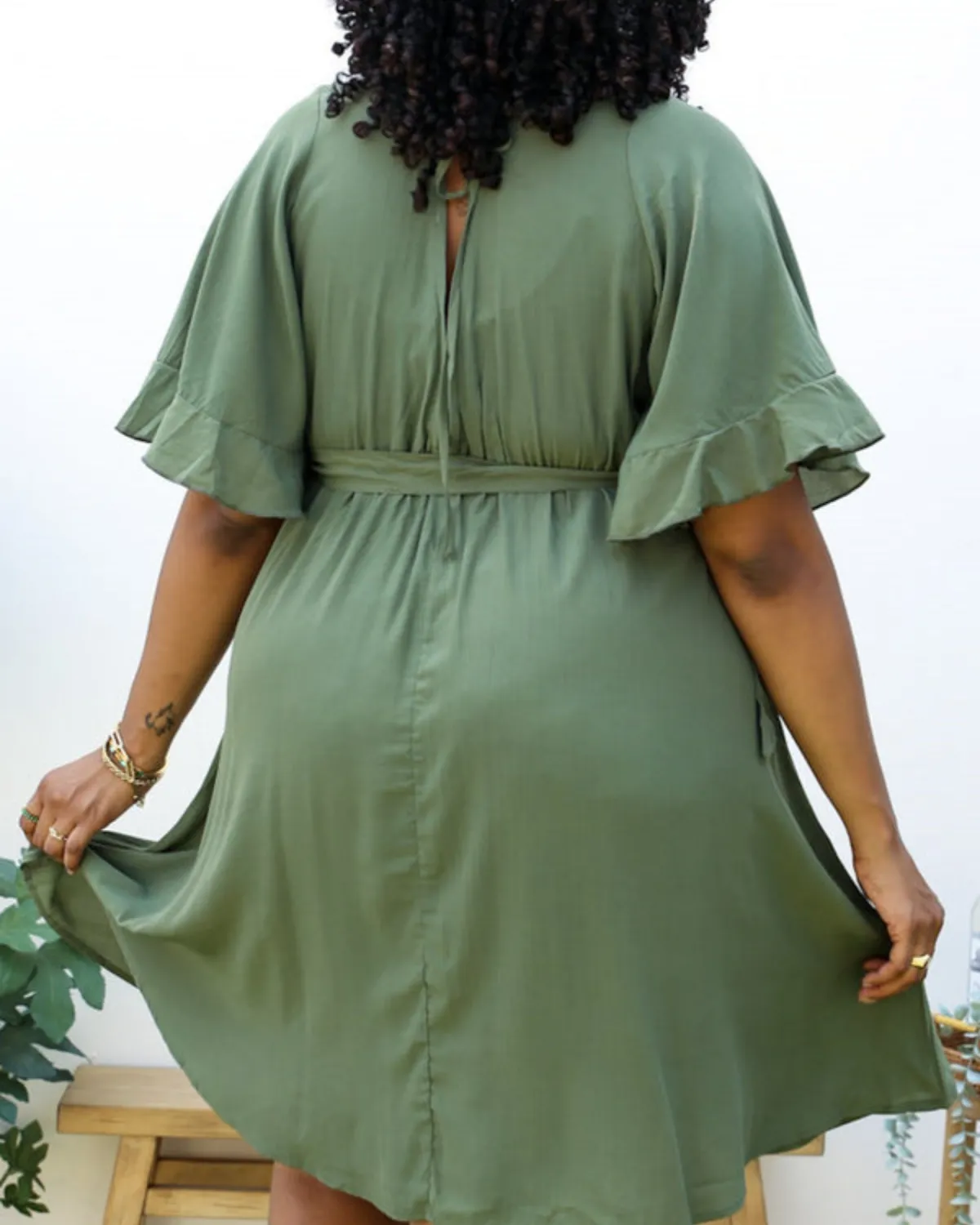 Anna Kaci Plus Size O-Ring Tied Belt Waist Butterfly Flare Sleeve Midi Dress - Jn4723
