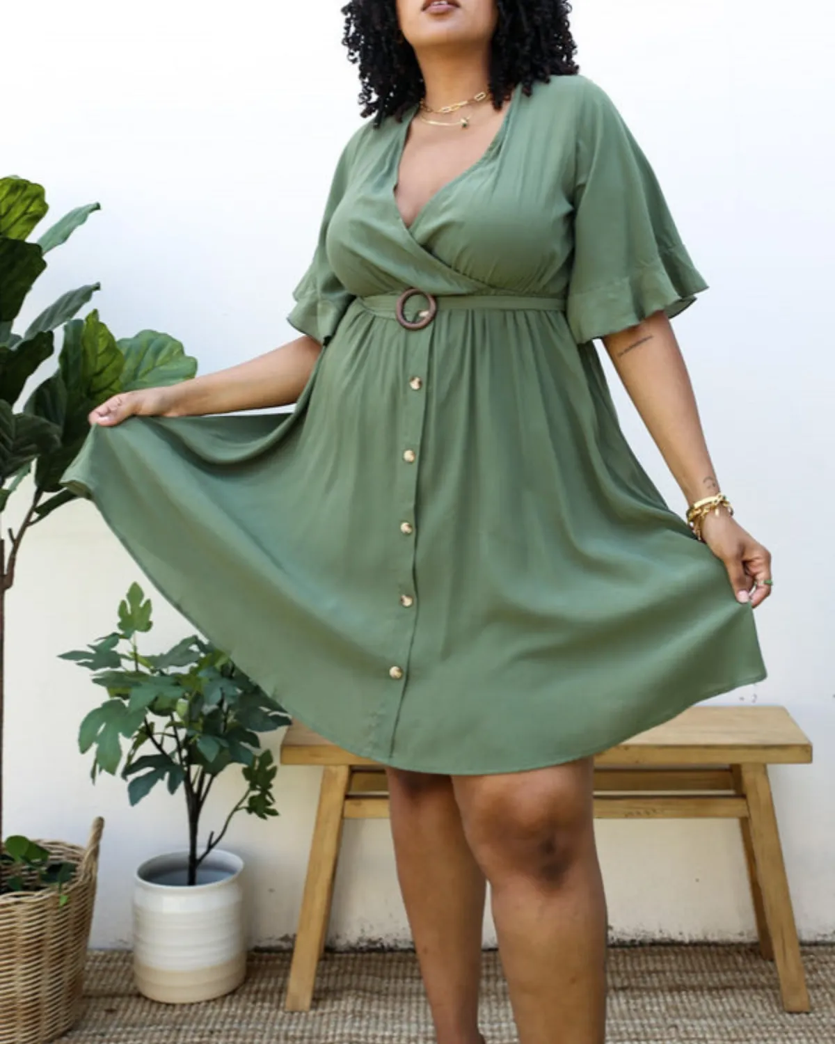 Anna Kaci Plus Size O-Ring Tied Belt Waist Butterfly Flare Sleeve Midi Dress - Jn4723