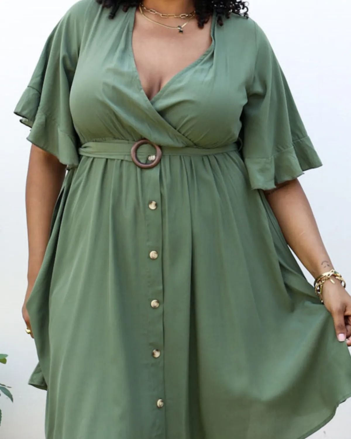 Anna Kaci Plus Size O-Ring Tied Belt Waist Butterfly Flare Sleeve Midi Dress - Jn4723