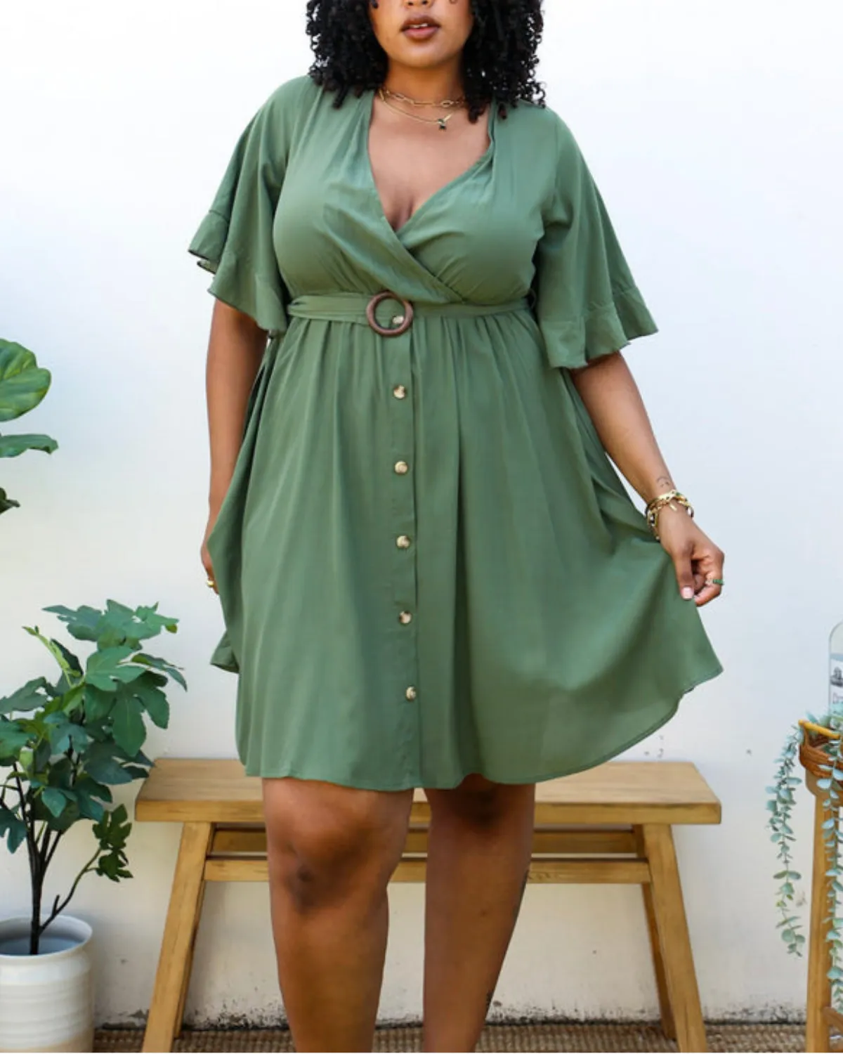 Anna Kaci Plus Size O-Ring Tied Belt Waist Butterfly Flare Sleeve Midi Dress - Jn4723