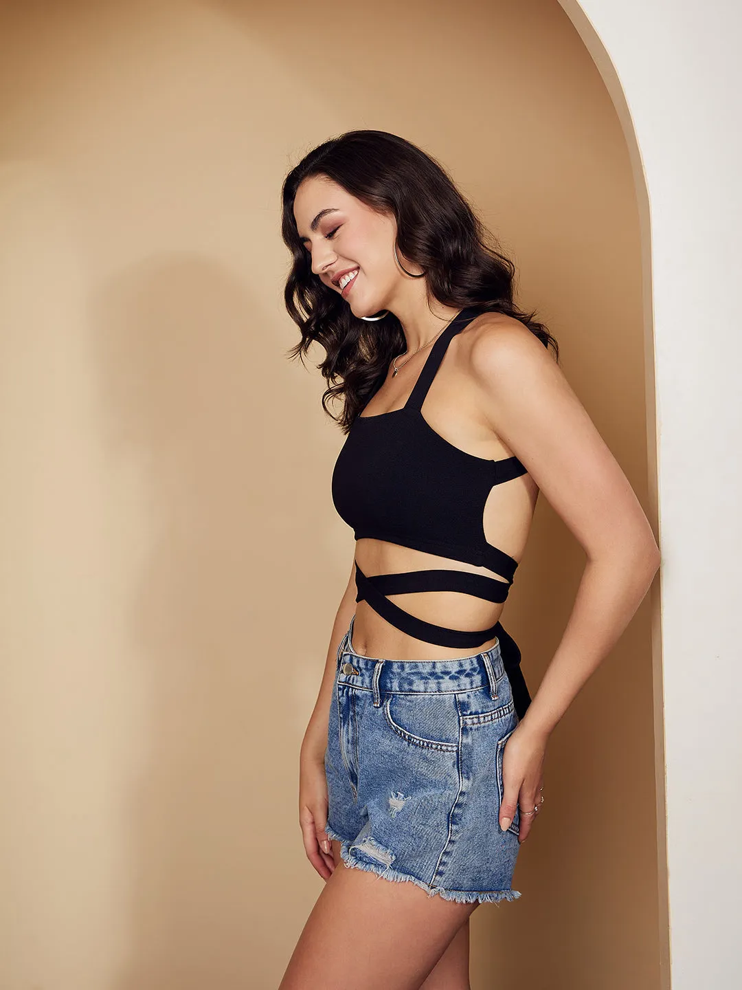 Berrylush Women Solid Black Square Neck Sleeveless Crisscross Tie-Up Backless Crepe Fitted Crop Top