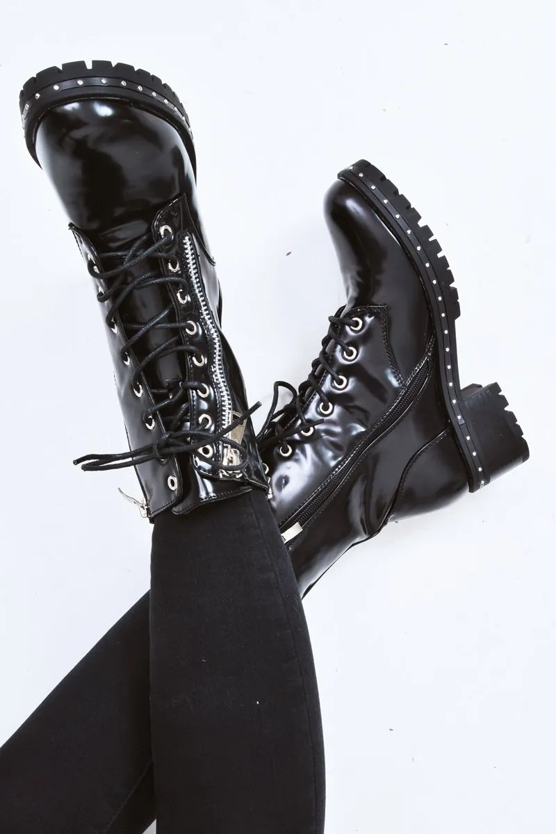 Black PU Stud Zip Detail Biker Boots - Golda