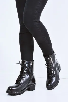 Black PU Stud Zip Detail Biker Boots - Golda