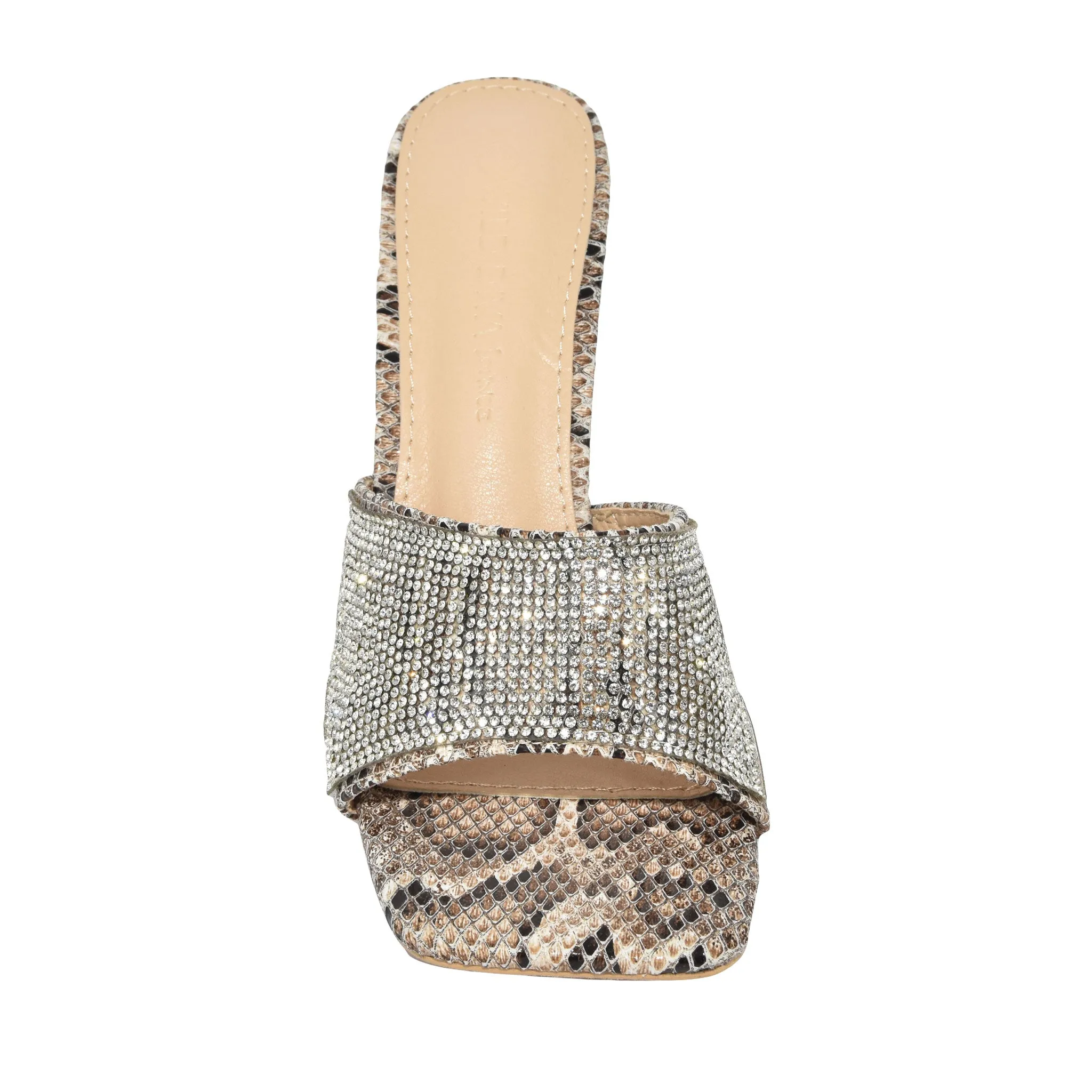 BONASA-01 Snake Print Rhinestone Open Toe Stiletto Mule Heels