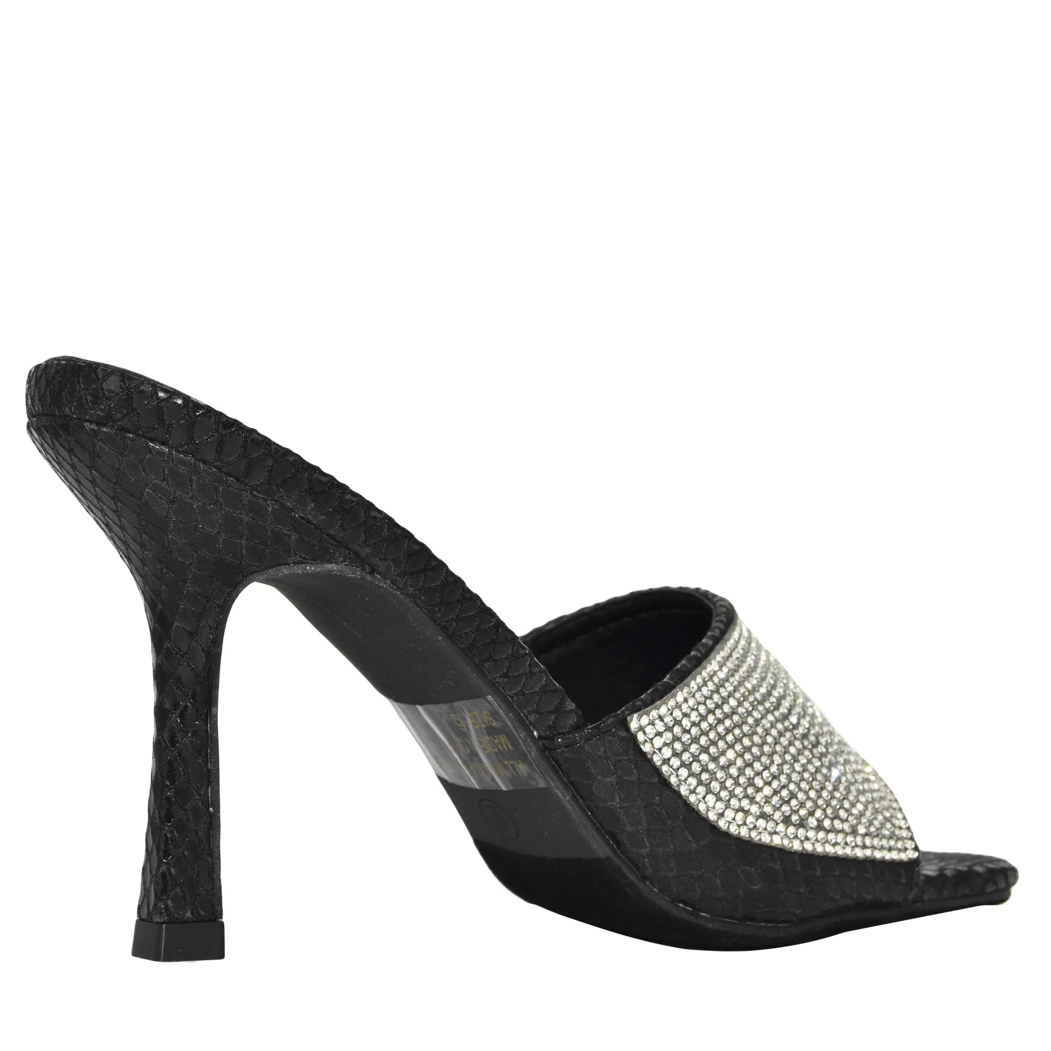 BONASA-01 Snake Print Rhinestone Open Toe Stiletto Mule Heels