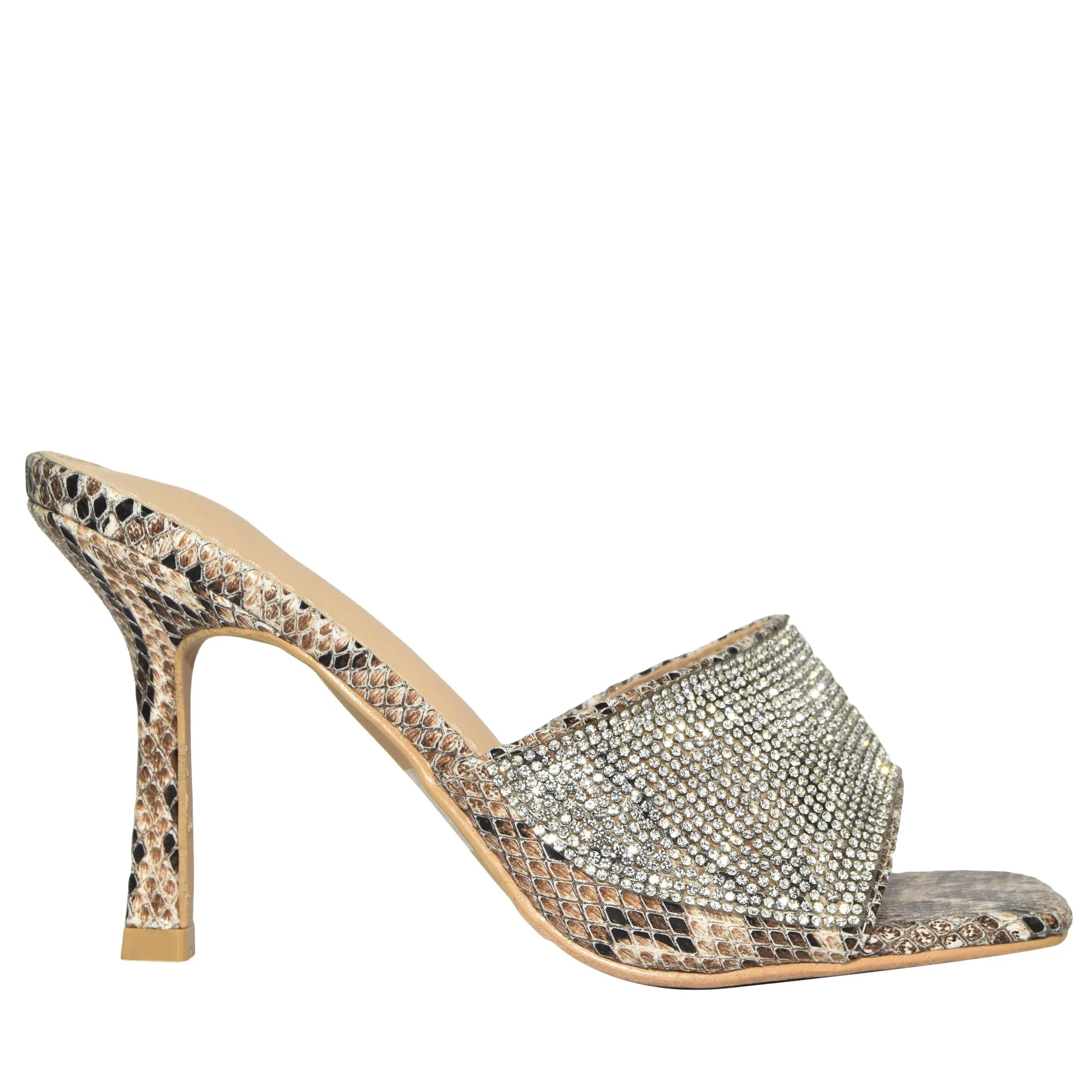 BONASA-01 Snake Print Rhinestone Open Toe Stiletto Mule Heels