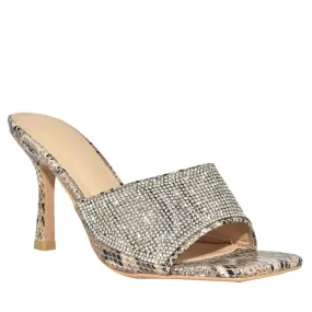 BONASA-01 Snake Print Rhinestone Open Toe Stiletto Mule Heels