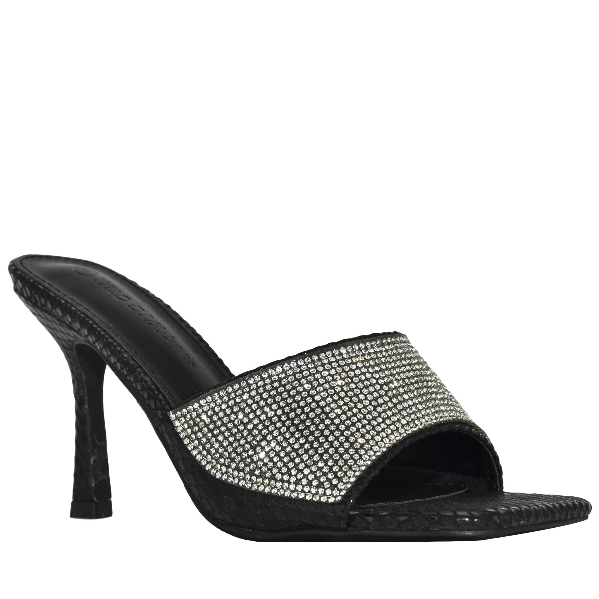BONASA-01 Snake Print Rhinestone Open Toe Stiletto Mule Heels