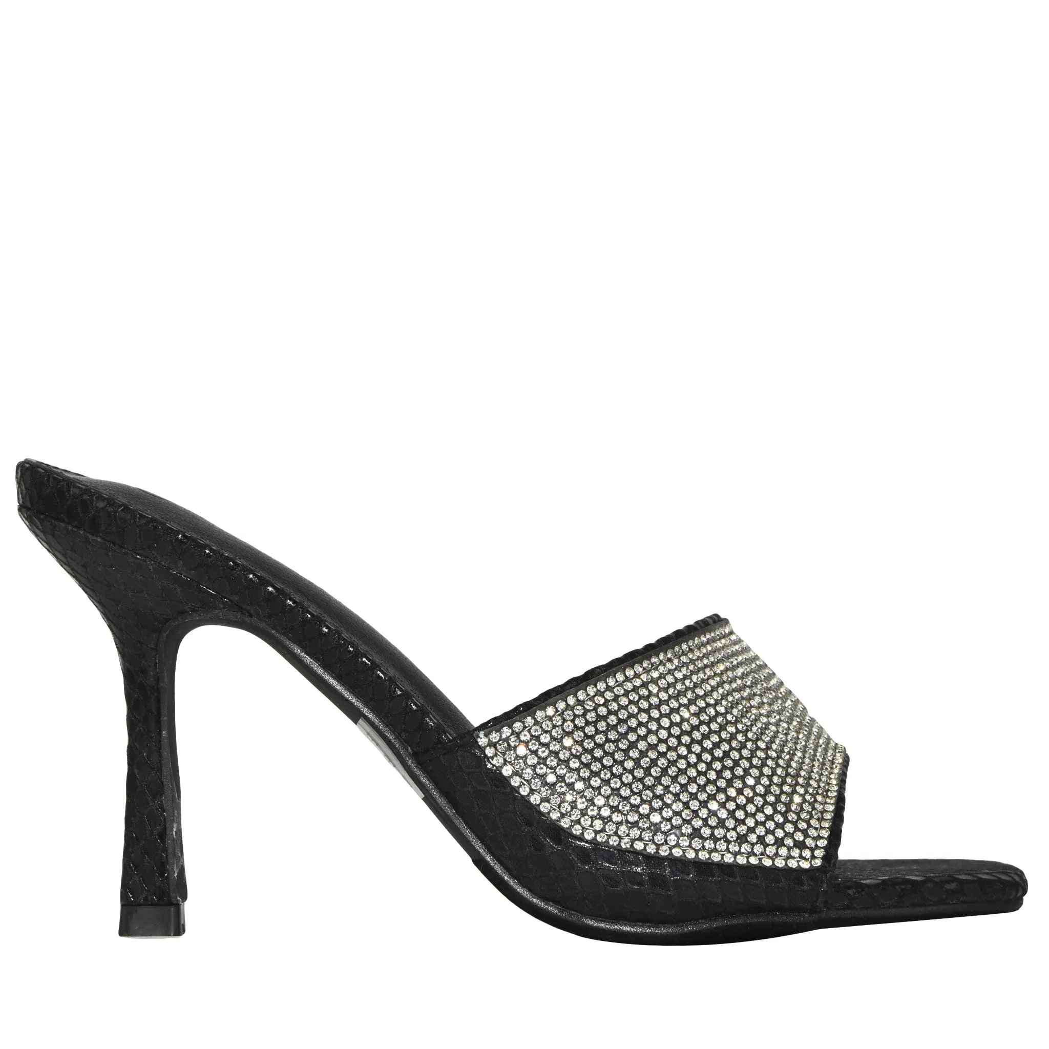 BONASA-01 Snake Print Rhinestone Open Toe Stiletto Mule Heels