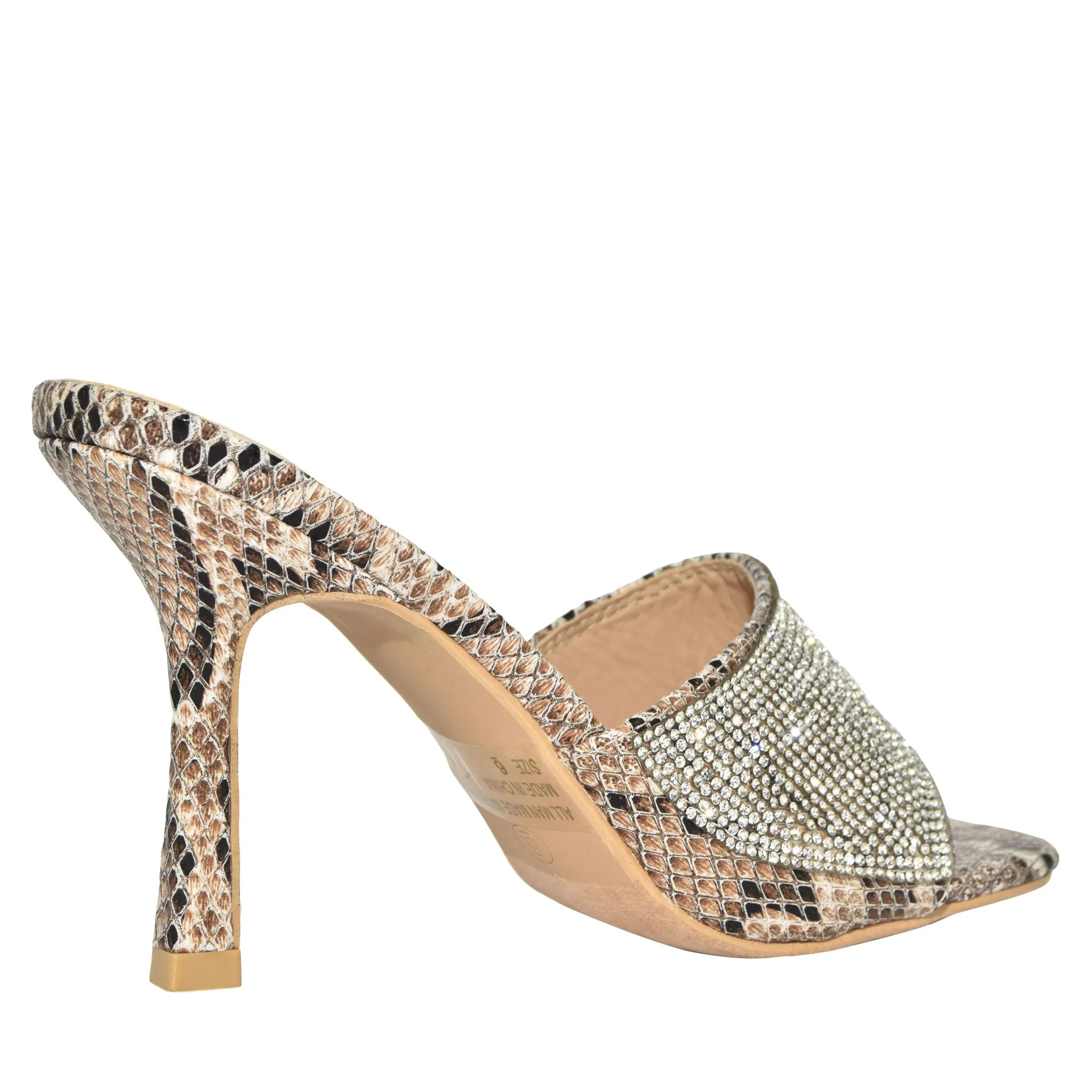 BONASA-01 Snake Print Rhinestone Open Toe Stiletto Mule Heels