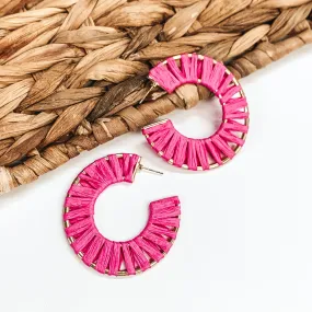 Cabana Bound Raffia Wrapped Gold Hoop Earrings in Fuchsia