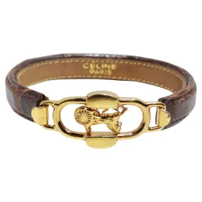 Celine 1990s Gold Tone Horse Emblem Leather Bracelet