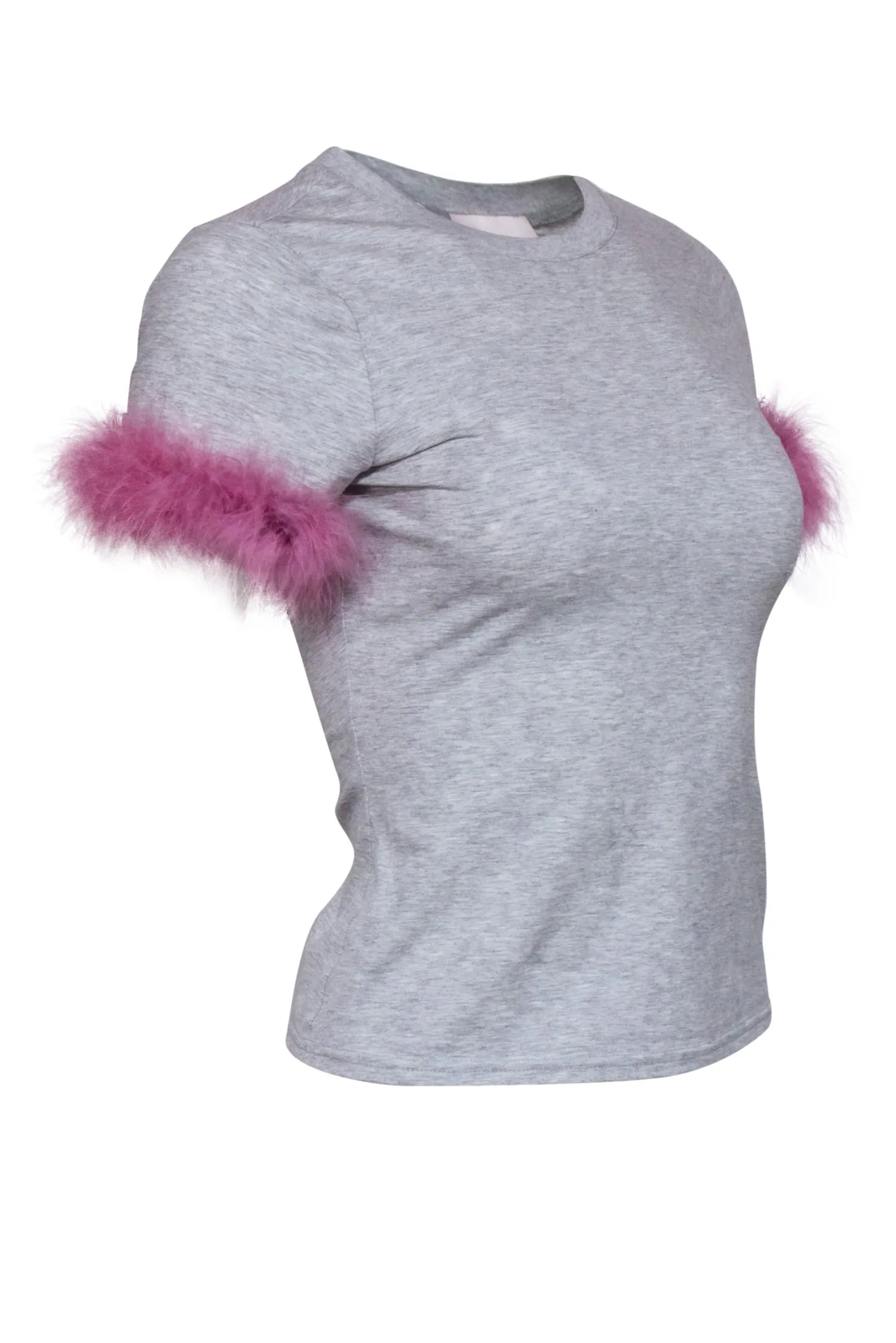 Cinq a Sept - Grey T-Shirt w/ Pink Faux Feather Trim Sz XS