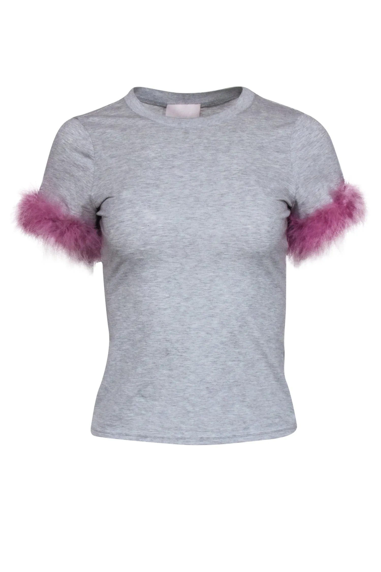Cinq a Sept - Grey T-Shirt w/ Pink Faux Feather Trim Sz XS