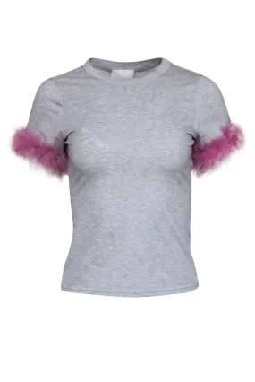 Cinq a Sept - Grey T-Shirt w/ Pink Faux Feather Trim Sz XS