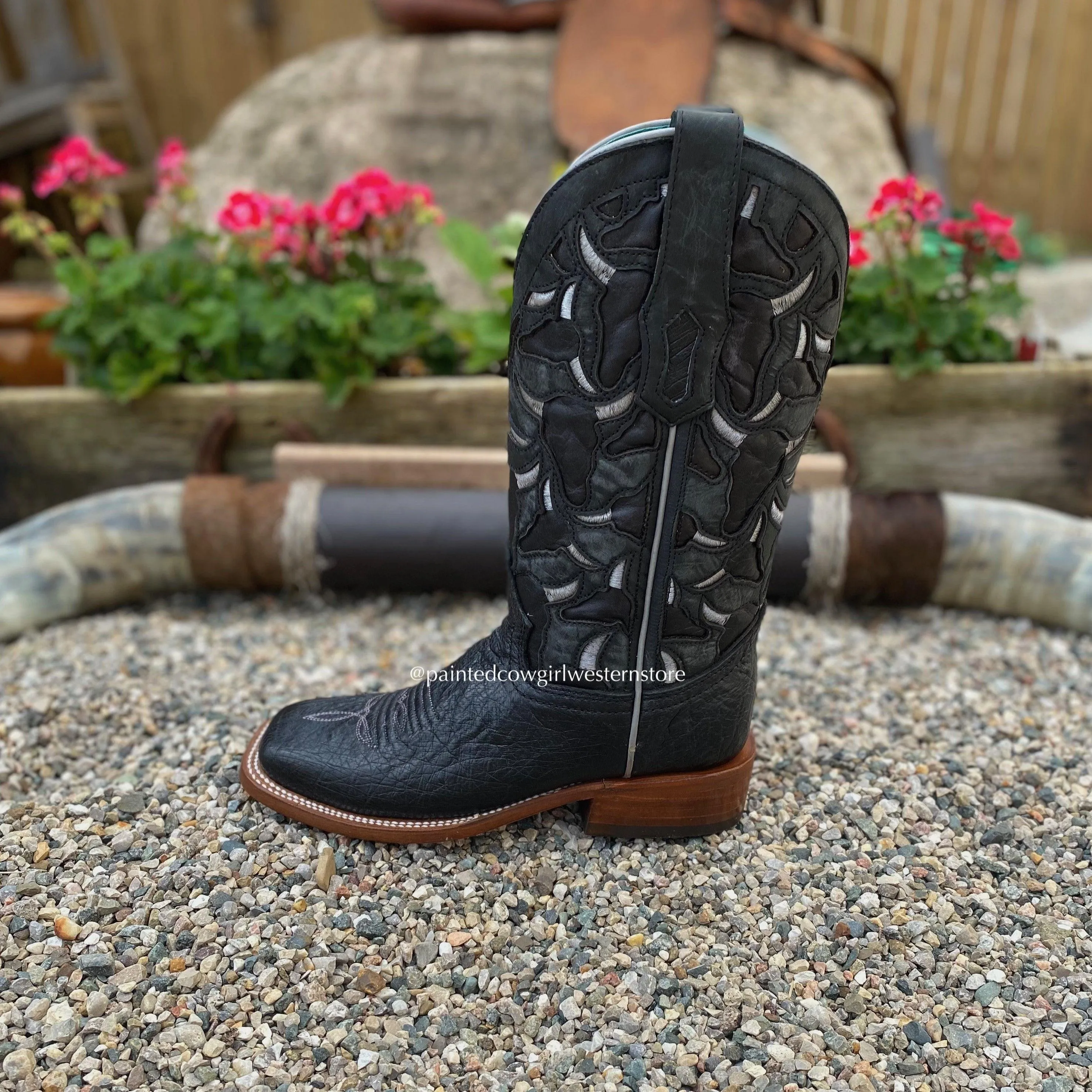 Corral Women's Black Smooth Quill Ostrich Steer Head Embroidered Square Toe Cowgirl Boots A4058