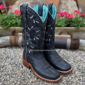 Corral Women's Black Smooth Quill Ostrich Steer Head Embroidered Square Toe Cowgirl Boots A4058