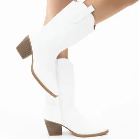Cowboy embroidered PU mat 7cm heel mid calf boot white