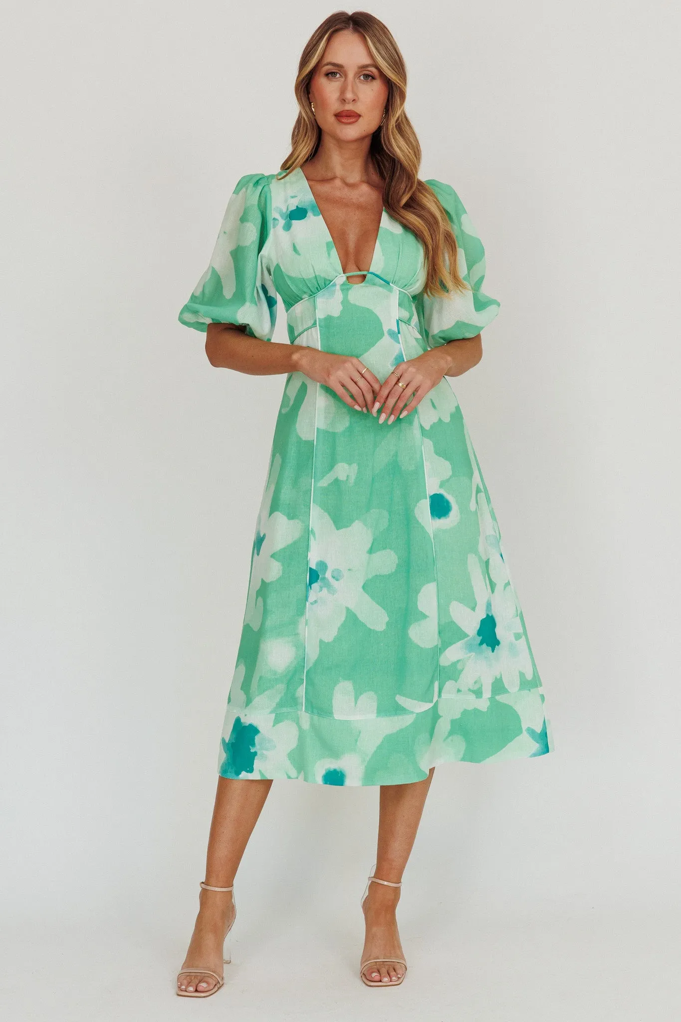Elias Puff Sleeve Midi Dress Green