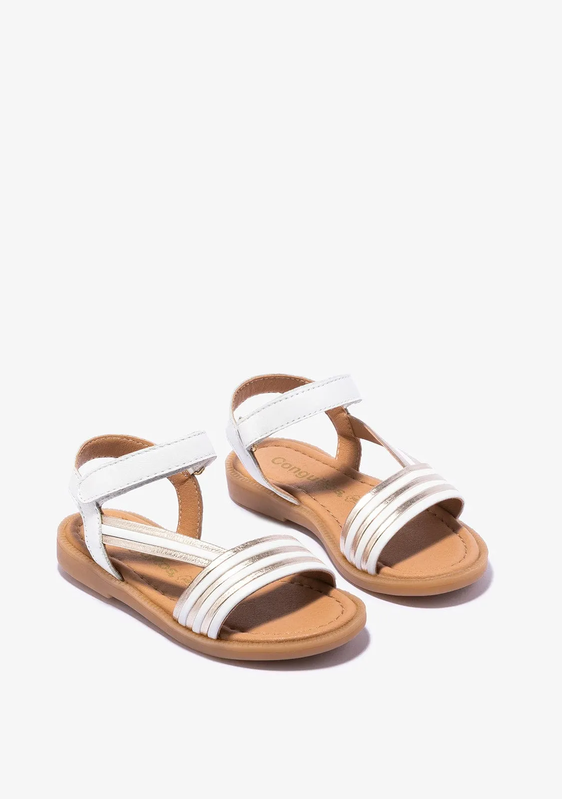 Girl's White Gold Adherent Strip Sandals Napa