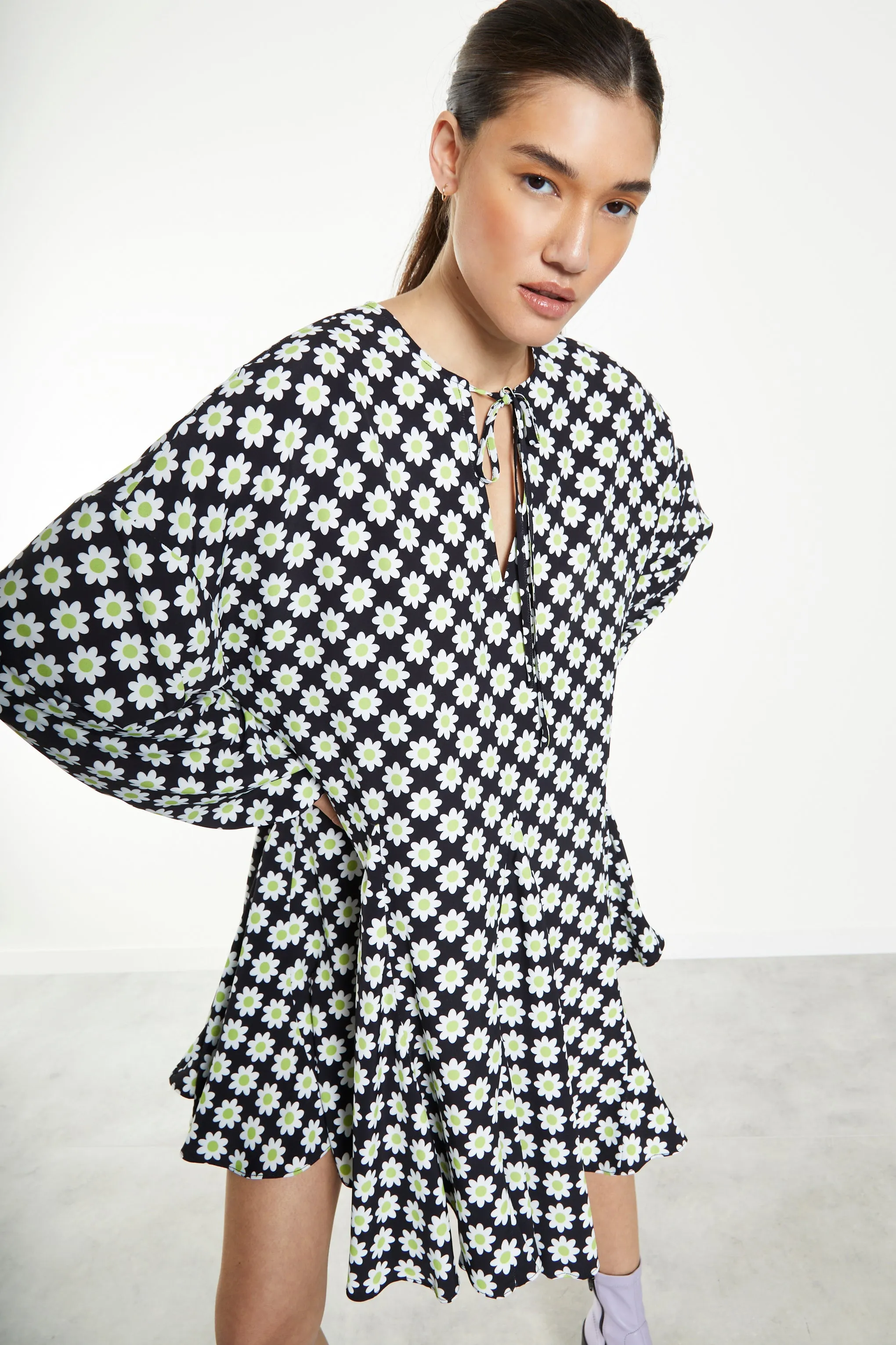 Glamorous Sixties Flower Long Sleeve Oversized Mini Dress