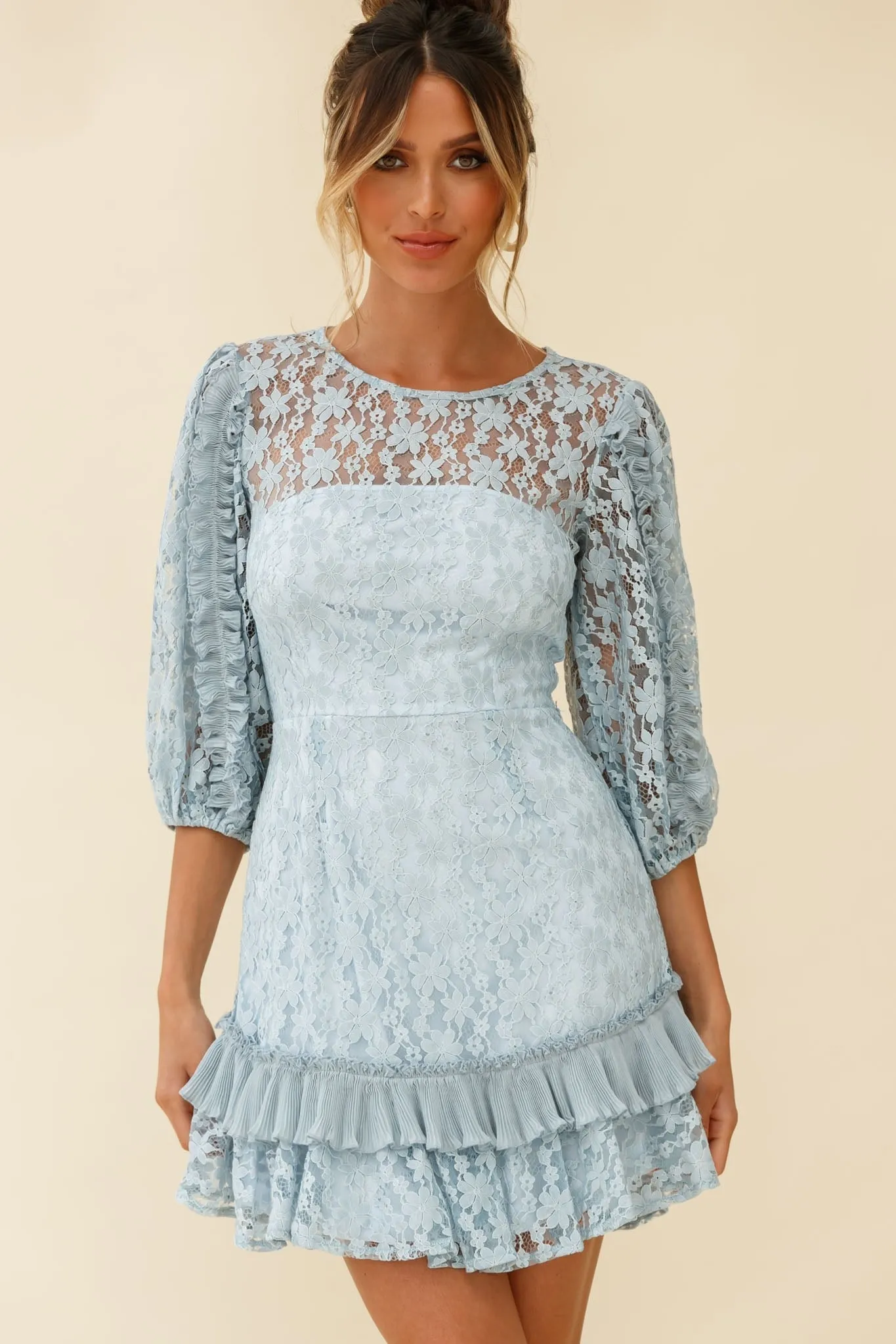 Home Again Three-Quarter Sleeve Lace Dress Blue