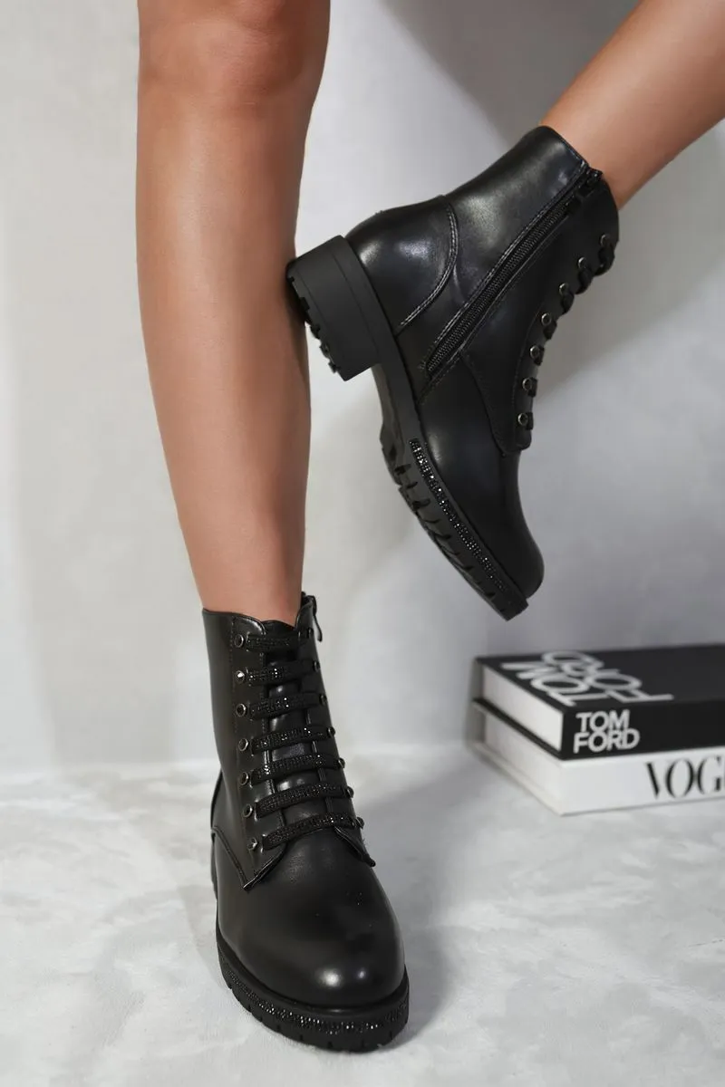 Lace Up Glitter Detail Ankle Boots