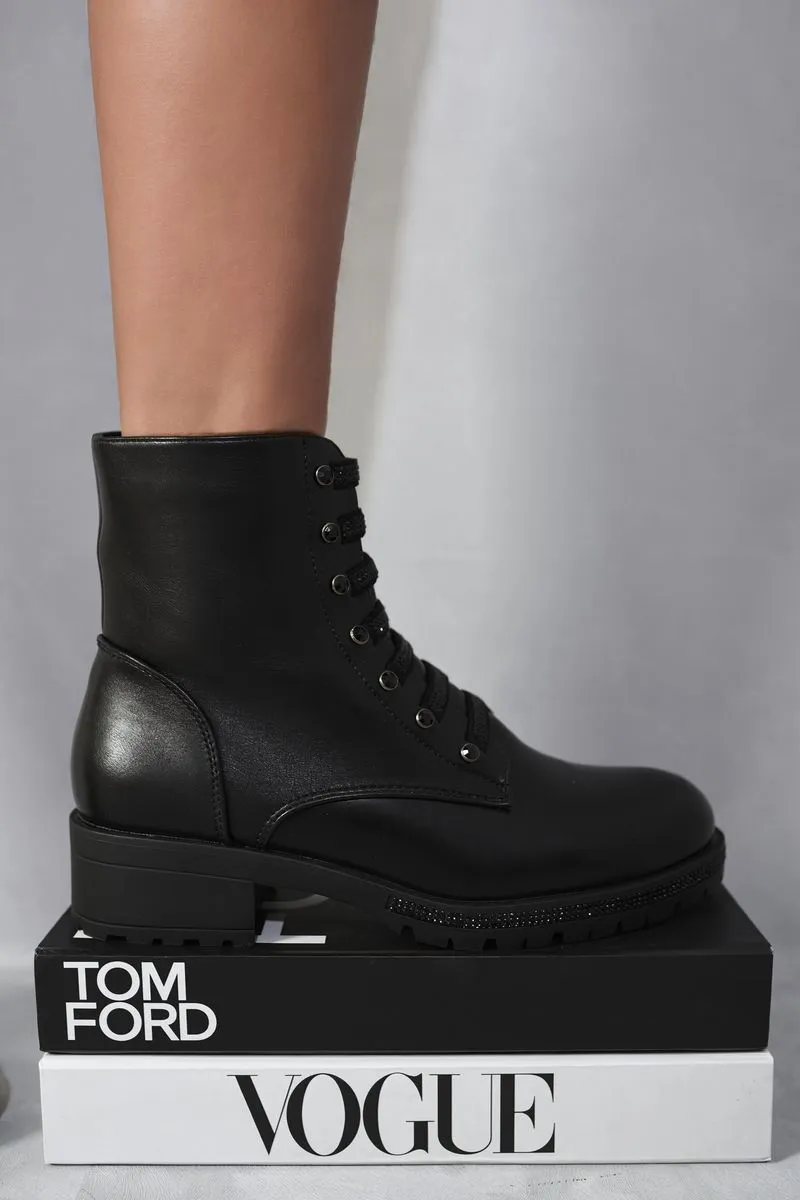 Lace Up Glitter Detail Ankle Boots