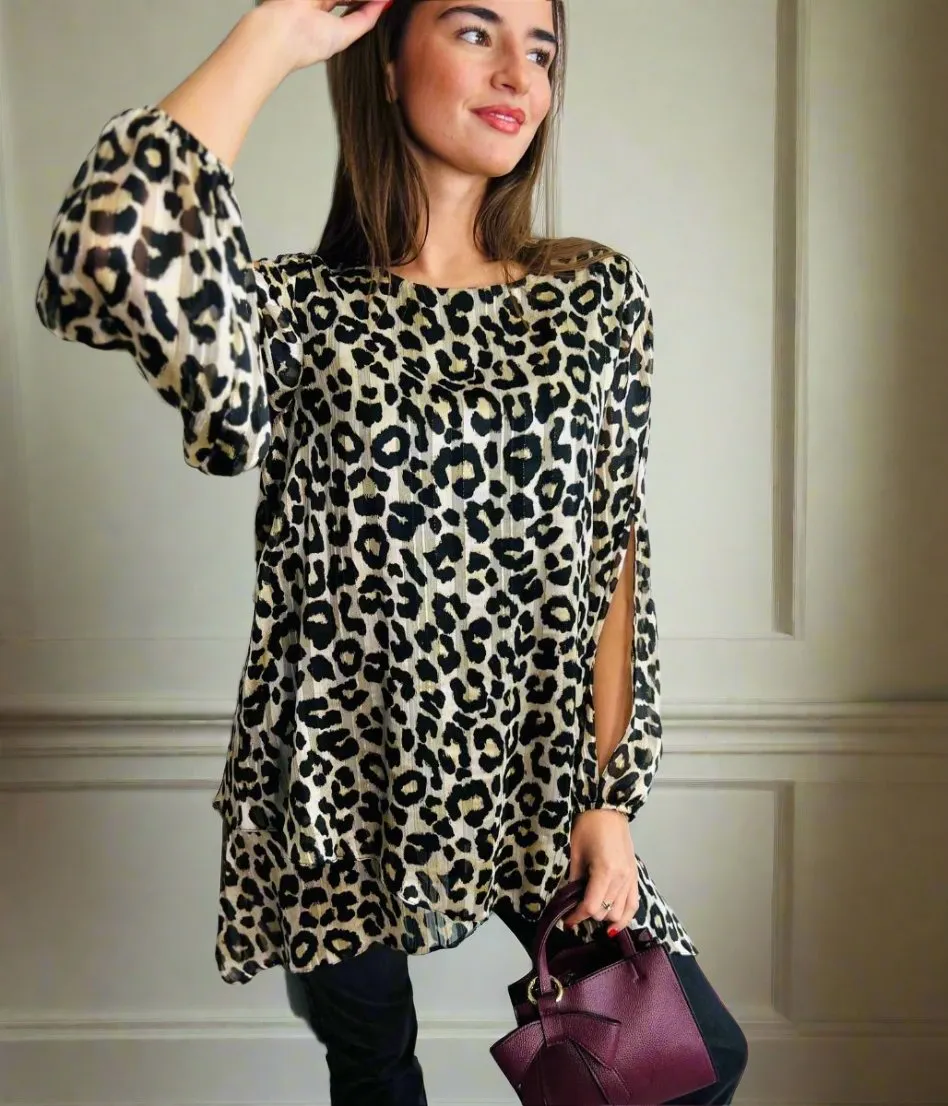 Leopard Print Metallic Tunic Top