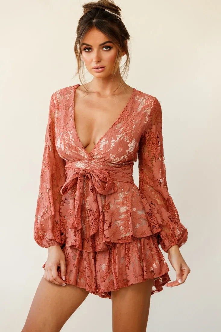Maddox Fit & Flare Long Sleeve Romper Floral Lace Rose