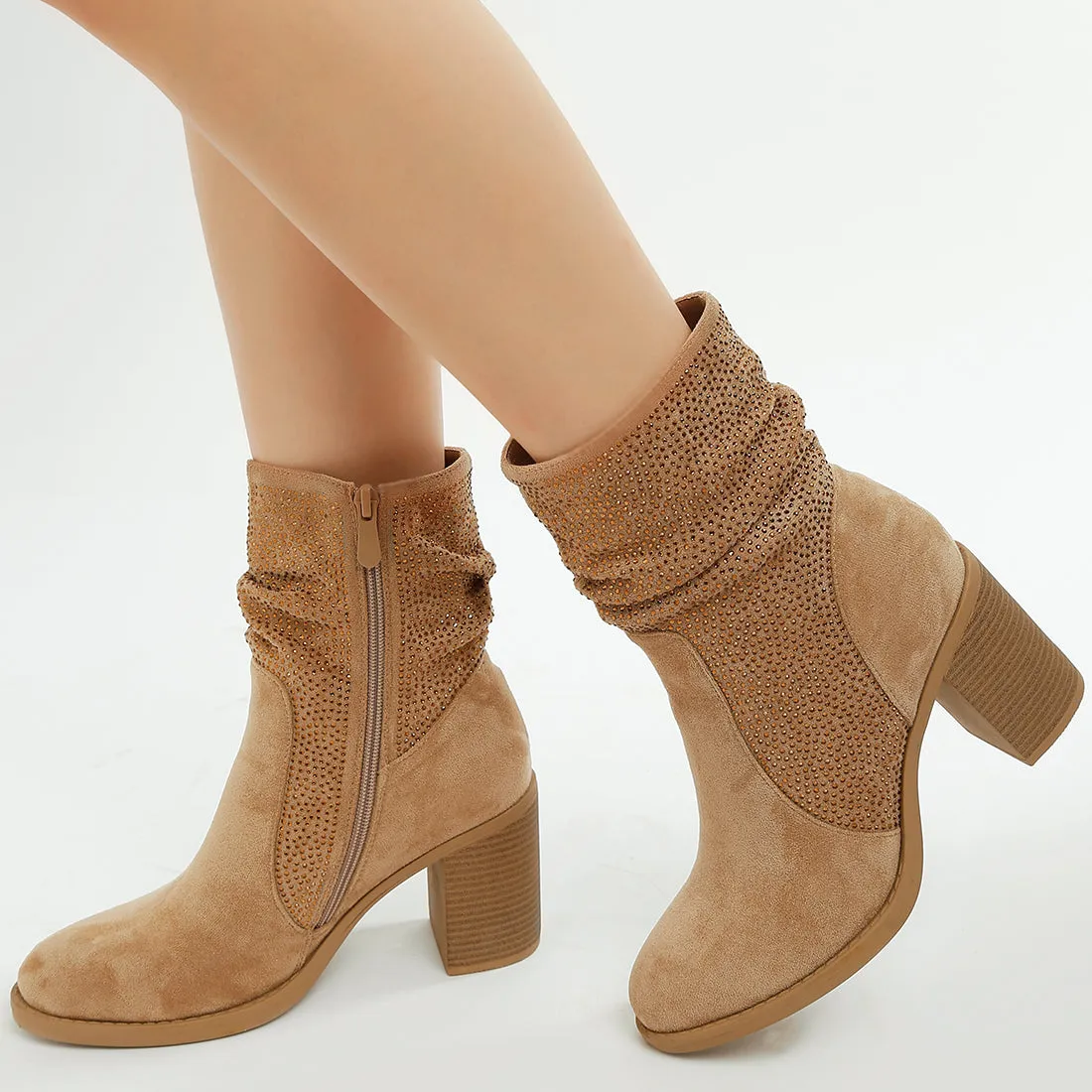 Rhinestone Studded Slouchy Ankle Boots
