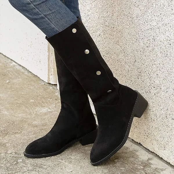 Women's Pointed-Toe Double-Buckle Mid-Heel Riding Boots 68843936C