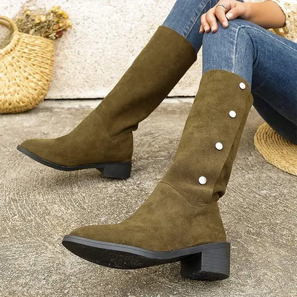 Women's Pointed-Toe Double-Buckle Mid-Heel Riding Boots 68843936C