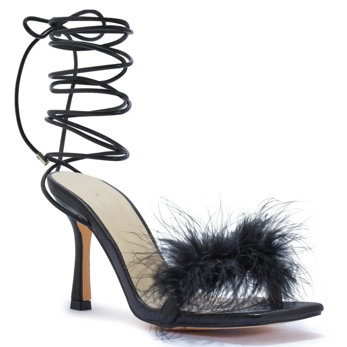 ZAYNAH FAUX FUR FEATHER WRAP AROUND HEEL SANDAL